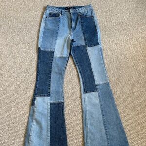 Design Lab Lord & Taylor Blue Patchwork Flare Jeans